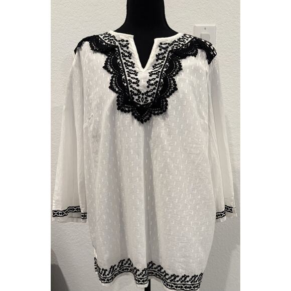 Talbots White with Black Embroidered Tunic Top Size Large NWT - Picture 1 of 5